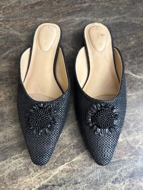 Bandolino Black Woven Pointed Slip-On Mules with Floral Rosette